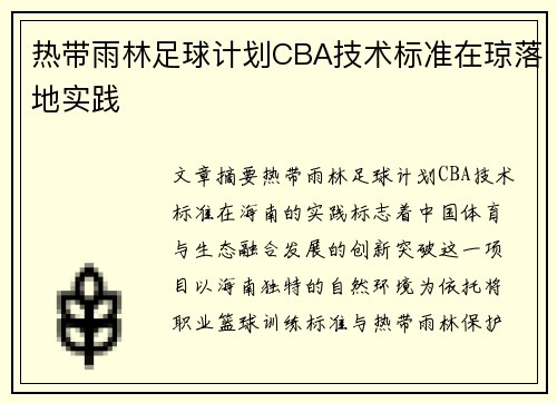 热带雨林足球计划CBA技术标准在琼落地实践