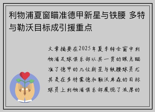 利物浦夏窗瞄准德甲新星与铁腰 多特与勒沃目标成引援重点
